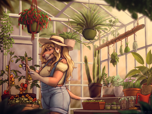 2019 4:3 5_fingers anthro blonde_hair bottomwear breasts brown_body brown_fur canid canine canis clothed clothing digital_media_(artwork) domestic_dog female fingers fur gardening glopossum greenhouse hair hat headgear headwear mammal overalls shaded shorts slightly_chubby solo standing vivarium // 1200x900 // 926.9KB