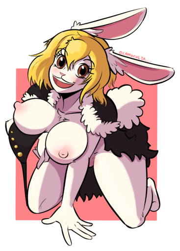 absurd_res anthro blonde_hair bottomless breasts brown_eyes capaoculta cape carrot_(one_piece) clothed clothing digital_media_(artwork) female hair hi_res lagomorph leporid mammal minkmen_(one_piece) nipples one_piece rabbit shaded smile solo topless white_body // 3300x4600 // 4.5MB