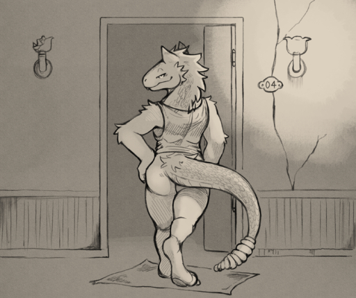 2019 ambiguous_gender anthro anthrofied bedroom_eyes bethesda_softworks biped bottomless butt canid canine claws clothed clothing daftpatriot detailed_background digitigrade door doorway fallout full-length_portrait fur half-closed_eyes hand_on_hip hi_res inside lamp looking_at_viewer looking_back mammal narrowed_eyes night_stalker_(fallout) pit_viper portrait pose rattle_(anatomy) rattlesnake rear_view reptile scalie seductive shirt smile snake solo standing thick_thighs toe_claws topwear video_games viper // 2325x1950 // 6.9MB