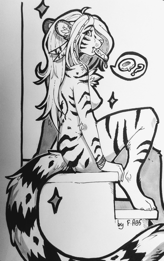 2019 absurd_res anthro biped f-r95 felid female fur hi_res machairodontine mammal monochrome nipples nude sitting smile solo striped_body striped_fur stripes traditional_media_(artwork) // 2521x4005 // 1.6MB