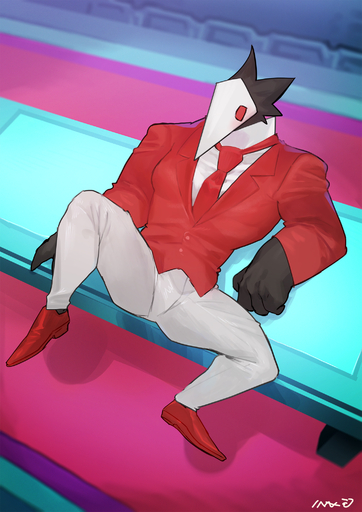 2021 anthro avian bebebebebe black_body black_feathers bottomwear clothing darkner digital_media_(artwork) feathers furniture hi_res lying male muscular muscular_anthro muscular_male necktie on_back on_table pants red_clothing red_suit solo suit swatchling table video_games white_bottomwear white_clothing white_face white_pants // 1441x2037 // 1.6MB