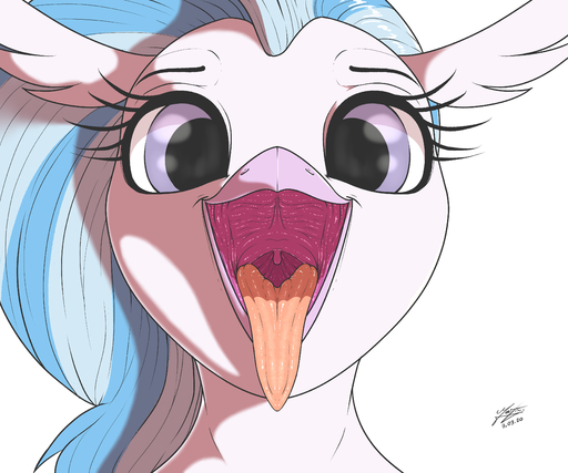 2020 absurd_res avian azerta56 beak digital_media_(artwork) eyebrows eyelashes female friendship_is_magic front_view hi_res looking_at_viewer mouth_shot my_little_pony open_beak open_mouth signature silverstream_(mlp) simple_background solo tongue tongue_out white_background // 4000x3334 // 1.8MB