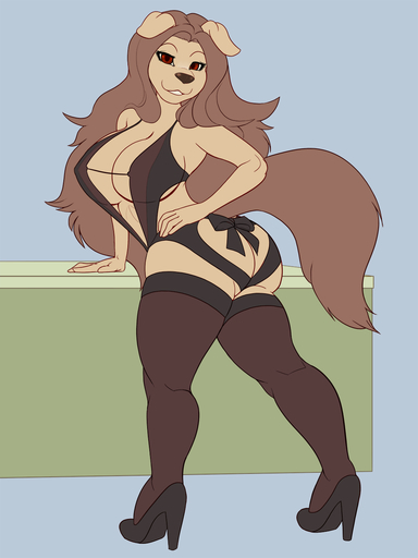 3:4 anthro big_breasts black_high_heels breasts brown_body brown_eyes brown_hair butt canid canine canis clothing domestic_dog female general-irrelevant hair hand_on_hip hi_res high_heels legwear looking_at_viewer mammal ribbons simple_background smile solo thigh_highs // 1080x1440 // 231.2KB