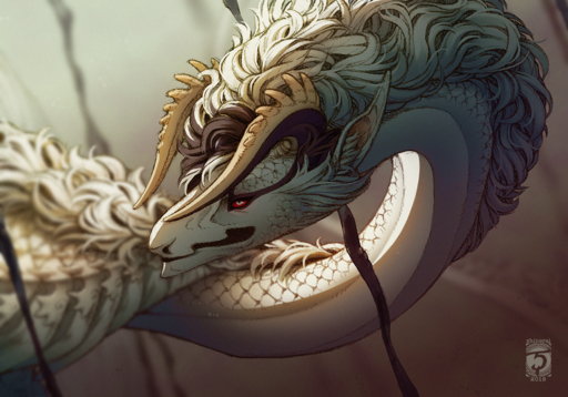 2019 ambiguous_gender curved_horn digital_media_(artwork) dragon feral fur furred_dragon hair horn red_sclera scales shinerai solo white_body white_hair white_scales // 1250x875 // 2.3MB