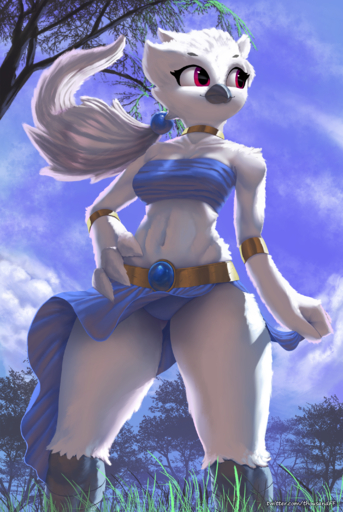 2019 abs absurd_res anthro athletic athletic_anthro athletic_female avian beak bird bottomwear clothed clothing feathers female hair hi_res jewelry panties red_eyes skirt smile solo text thousandfoldfeathers underwear upskirt url white_body white_feathers // 2000x2985 // 7.0MB