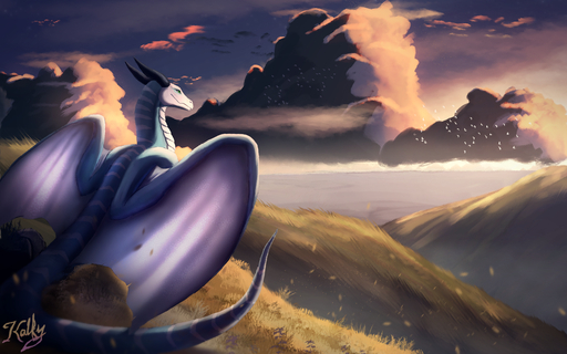 16:10 absurd_res ambiguous_gender day detailed_background dragon feral grass hi_res horn kalfy membrane_(anatomy) membranous_wings outside plant scales scalie sitting sky solo western_dragon widescreen wings // 5600x3500 // 17.2MB