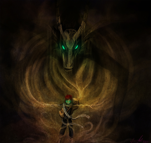 clothed clothing demon dragon duo gaara glowing glowing_eyes hair hi_res human male mammal neytirix red_hair sand spirit // 2012x1919 // 1.6MB