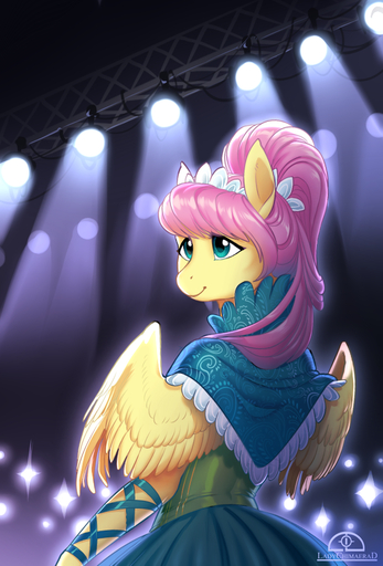 2018 alternate_hairstyle anthro anthrofied ball_gown clothed clothing dress equid equine eyelashes feathered_wings feathers female fluttershy_(mlp) fully_clothed hair horse inside ladychimaera looking_back mammal pegasus pink_hair portrait smile solo spotlight teal_eyes wings yellow_body yellow_feathers // 706x1042 // 740.1KB