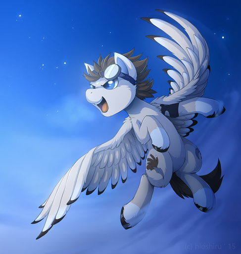 blue_eyes brown_hair cutie_mark day equid equine eyewear fan_character feathered_wings feathers feral flying fur goggles hair hioshiru hooves horse male mammal open_mouth outside pegasus sky solo tan_body tan_fur teeth tongue white_body white_feathers white_fur wings // 1080x1136 // 903.0KB