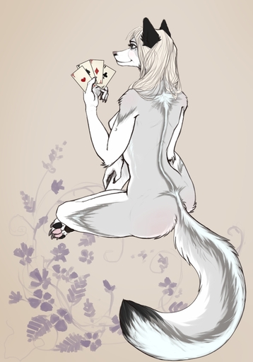 4_toes 5_fingers anthro araivis-edelveys bare_back biped black_nose breasts canid canine canis card feet female fingers fur grey_body grey_fur hair mammal pawpads playing_card simple_background sitting smile solo toes white_body white_fur white_hair wolf // 700x1000 // 241.8KB