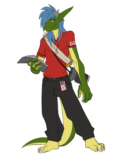 anthro backpack barefoot biped blue_hair book bottomwear camera clothed clothing faint feet green_body hair jewelry looking_at_viewer male necklace pants pencil_(object) scalie shirt simple_background smile solo standing topwear white_background // 758x1000 // 199.9KB