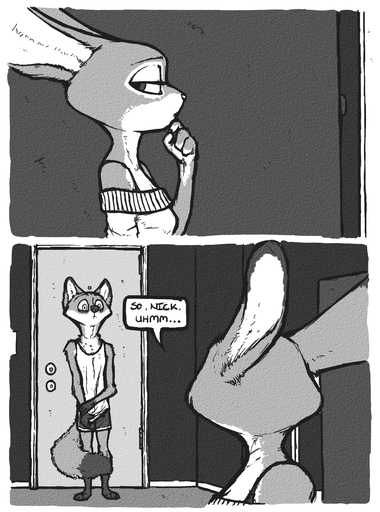 anthro boxers_(clothing) canid canine clothing comic dialogue disney english_text female fox hi_res judy_hopps lagomorph leporid luraiokun mammal monochrome nick_wilde rabbit text underwear zootopia // 950x1280 // 998.4KB