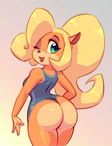 2020 activision anthro bandicoot big_butt bikini_thong blonde_hair breasts butt clothing coco_bandicoot crash_bandicoot_(series) female fur gradient_background green_eyes hair hi_res long_hair looking_at_viewer looking_back mammal marsupial nitro one-piece_swimsuit one_eye_closed open_mouth open_smile orange_body orange_fur rear_view simple_background smile solo standing swimwear tailless video_games wink // 1273x1662 // 131.3KB