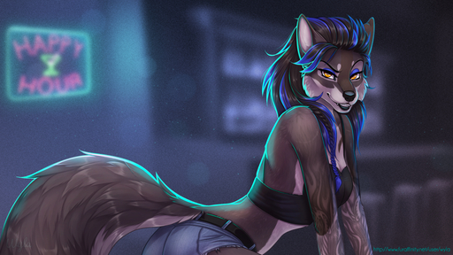 16:9 2020 anthro bailey_(krisztina) bar blue_hair blurred_background braided_hair breasts canid canine canis clothed clothing detailed_background digital_media_(artwork) female fur hair inside mammal midriff multicolored_body multicolored_fur neon_sign shaded sign text two_tone_body two_tone_fur url widescreen wolf wyla // 1280x720 // 1.3MB