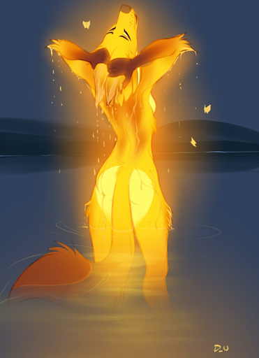 absurd_res anthro bioluminescence biped breasts butt canid canine countershade_butt countershading dipstick_tail discreet_user female fox fur glowing glowing_body glowing_fur hi_res mammal markings mylar_(discreet_user) nude orange_body orange_fur partially_submerged solo tail_markings water wet wet_body wet_fur // 2625x3627 // 325.9KB