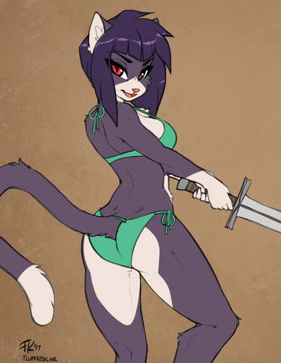 2017 anthro breasts butt butt_pose clothed clothing domestic_cat felid feline felis female fluff-kevlar fur hair looking_at_viewer mammal melee_weapon multicolored_body multicolored_fur pose purple_body purple_fur purple_hair red_eyes sesame_akane solo swimwear sword two_tone_body two_tone_fur uberquest weapon webcomic webcomic_character white_body white_fur // 776x1000 // 512.3KB