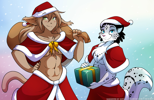 2019 abs adira_(twokinds) anthro athletic basitin black_hair blue_eyes blush breasts brown_body brown_fur brown_hair chest_tuft christmas christmas_clothing christmas_headwear clothed clothing conditional_dnp duo felid female fluffy fur gift gradient_background green_eyes grey_body grey_fur hair hand_on_hip hat headgear headwear hi_res holding_object holidays keidran king_adelaide looking_at_viewer mammal mature_female midriff multicolored_body multicolored_fur muscular muscular_female navel pantherine pose sack santa_hat simple_background skimpy smile snow_leopard spots spotted_body spotted_fur tom_fischbach tuft twokinds under_boob webcomic webcomic_character white_body white_fur // 1920x1251 // 1.5MB