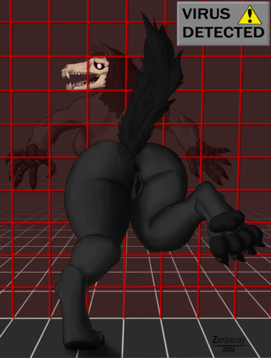 absurd_res anthro black_body black_fur bone canid english_text female fur genitals hi_res malo mammal monster paws pussy scp-1471 scp_foundation skull solo text through_wall wireframe zerperay // 1968x2600 // 1.3MB