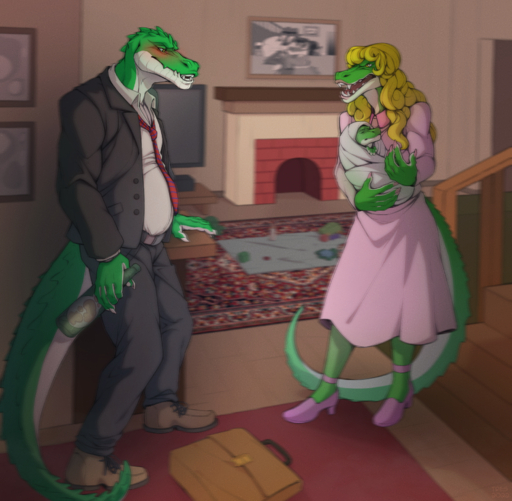5_fingers alligator alligatorid anthro black_clothing blurred_background bottle briefcase business_suit clothing cregon crocodile crocodilian crocodylid dress drunk family female fingers fireplace footwear furniture green_body group hi_res high_heels holding_object male multicolored_body necktie pink_clothing reptile scalie sofa stairs substance_intoxication suit television tres-art two_tone_body white_body yelling young // 2000x1958 // 5.5MB