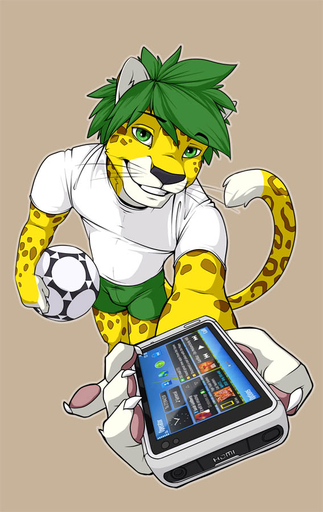 2010 anthro ball biped cellphone clothed clothing digital_media_(artwork) felid fifa green_eyes green_hair hair holding_ball holding_object leopard leopard_spots looking_at_viewer male mammal mascot pantherine paws phone pose product_placement short_hair smile soccer soccer_ball solo south_africa sport spots standing whiskers wolfy-nail world_cup zakumi // 568x900 // 113.0KB