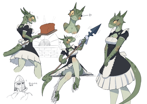 <3 anthro apron argonian armor baking blush bread breasts claws clothing collage disembodied_hand duo female food headgear helmet hi_res horn human innuendo japanese_text legwear lifts-her-tail maid_uniform male mammal mask melee_weapon non-mammal_breasts nude one_eye_closed polearm pupils sat_v12 scales scalie simple_background sitting skyrim_hold_guard slit_pupils smile solo solo_focus spear text thigh_highs translated uniform upskirt video_games weapon white_background wide_hips wink yellow_eyes // 2000x1414 // 685.2KB
