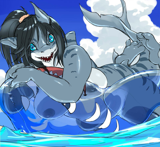 anthro barefoot beach big_breasts biped black_hair blue_eyes breasts curvy_figure detailed_background digital_media_(artwork) feet female fin fish hair inflatable kikurage looking_at_viewer marine nipples non-mammal_breasts nude open_mouth open_smile outside pool_toy seaside shaded shark sharp_teeth slightly_chubby smile solo tail_fin teeth thick_thighs voluptuous water wide_hips // 800x733 // 146.2KB