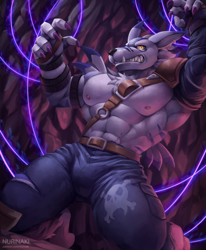 2018 abs anthro areola armwear big_pecs biped bottomwear bulge canid canine chest_tuft claws clothed clothing detached_sleeves digimon_(species) ear_piercing energy fangs front_view fur half_clothed kneeling leather looking_at_viewer magic male mammal multicolored_body multicolored_fur muscular muscular_anthro muscular_male nipples nurinaki open_mouth pants pecs piercing purple_body purple_fur runes sharp_teeth shoulder_guards skull_and_crossbones snarling solo straps striped_body striped_fur stripes submissive submissive_male teeth topless torn_bottomwear torn_clothing torn_pants tuft two_tone_body two_tone_fur weregarurumon white_body white_fur yellow_eyes // 824x1000 // 1.0MB