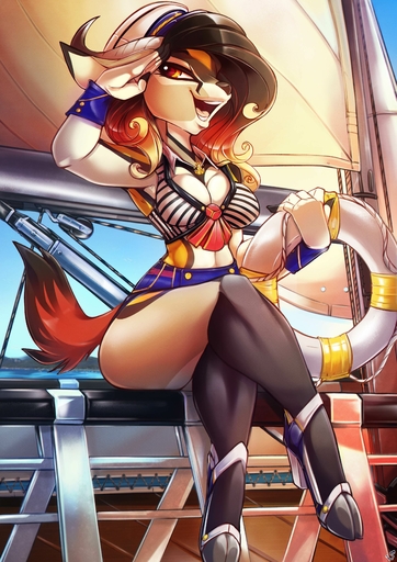 absurd_res antelope anthro boat bovid breasts cleavage clothed clothing female gazelle gesture hair hi_res mammal medium_breasts navy pinup pose salute solo spirale vehicle watercraft wide_hips zahra_(airheart) // 2480x3508 // 661.3KB