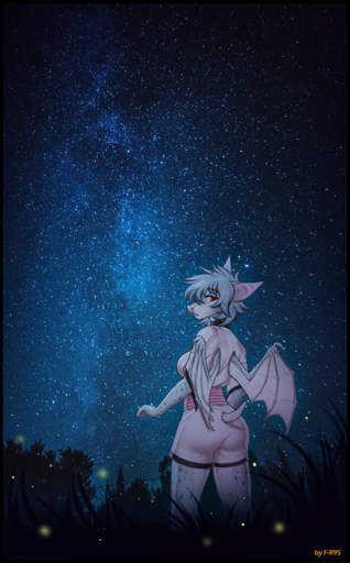 2018 anthro blue_hair breasts butt_pose chiropteran clothed clothing detailed_background digital_media_(artwork) f-r95 female furgonomics hair hi_res mammal membrane_(anatomy) membranous_wings night outside pink_nose pose red_eyes sky solo standing star starry_sky wings // 808x1300 // 2.0MB