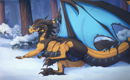 2019 blue_eyes claws curved_horn detailed_background digital_media_(artwork) dragon feet female feral forest genitals hindpaw horn lunalei lying membrane_(anatomy) membranous_wings on_side pawpads paws plant pussy ryrli_(elderberriann) scalie snow solo tree western_dragon wings // 1200x742 // 851.0KB