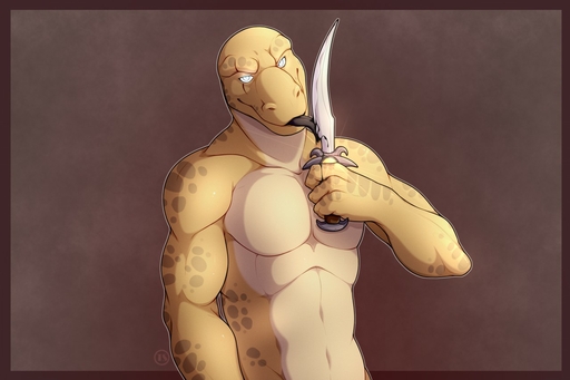2018 4_fingers anthro black_blood blood blue_eyes bodily_fluids claws dagger digital_media_(artwork) fingers ismar lizard looking_at_viewer male melee_weapon nude reptile scales scalie smile solo tongue tres-art weapon // 1280x853 // 118.0KB