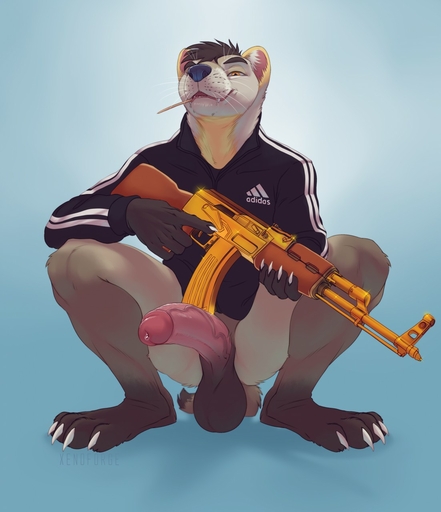 adidas ak-47 anthro artyom_(tarkeen) assault_rifle balls bodily_fluids circumcised claws clothed clothing conditional_dnp crouching english_text genital_fluids genitals glans gopnik gulonine gun hi_res holding_object holding_weapon humanoid_genitalia humanoid_penis jacket male mammal marten mustelid musteline object_in_mouth partially_clothed penis precum ranged_weapon rifle sable_(marten) saggy_balls solo text text_on_clothing text_on_jacket text_on_topwear topwear vein weapon xenoforge // 1102x1280 // 150.7KB