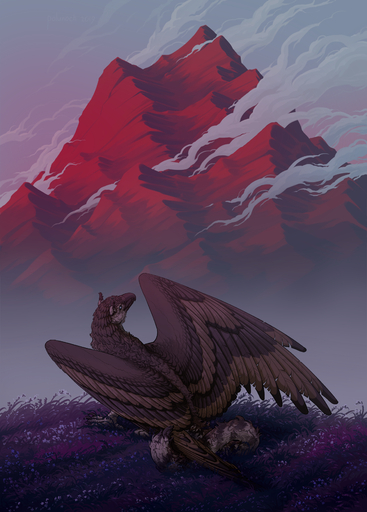 2019 absurd_res beak brown_body brown_feathers brown_fur claws day detailed_background digital_media_(artwork) dragon feathered_dragon feathered_wings feathers fur grass hi_res mountain outside plant polunoch sky wings // 2500x3489 // 5.0MB