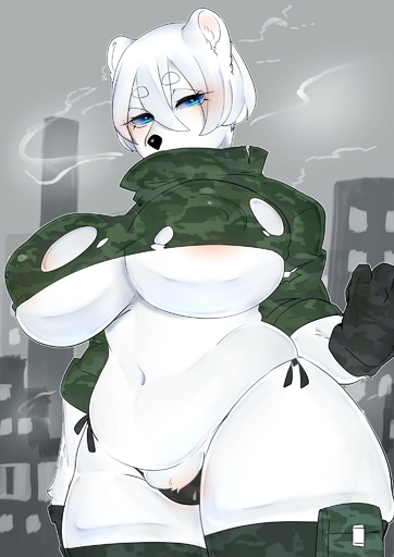 anthro big_breasts blue_eyes blush breasts camo camo_clothing camo_print city cityscape clothed clothing curvy_figure female fur gloves hair handwear hi_res huge_breasts kemono legwear mammal navel nipple_outline pattern_clothing short_hair sirn_0121 slightly_chubby solo standing thick_thighs thigh_highs ursid voluptuous white_body white_fur white_hair wide_hips // 1448x2048 // 212.3KB