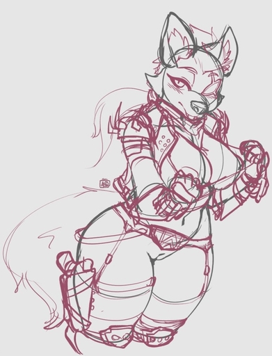 2018 anthro armor avante92 breasts canid canine canis clothing crossgender eye_patch eyewear female garter_straps genitals legwear mammal mtf_crossgender pussy ranged_weapon sketch solo stockings video_games weapon wolf wolf_o'donnell // 749x982 // 161.5KB