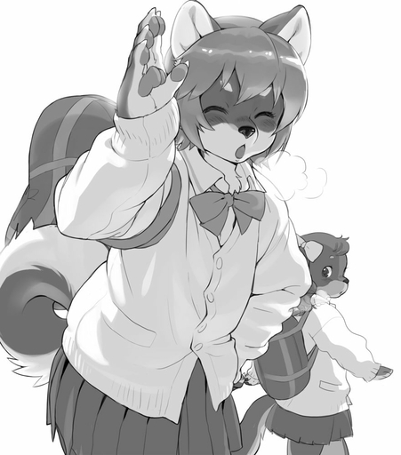 5_fingers anthro backpack black_and_white blush bottomwear bow_tie breath canid canine canis child claws clothing curled_tail domestic_dog duo female fingers kemono kikurage kuroshiba_nagomi kusuda_korone looking_at_viewer mammal monochrome open_mouth pawpads raised_arm shiba_inu simple_background skirt spitz student sweater tongue topwear white_background young // 880x1000 // 94.2KB