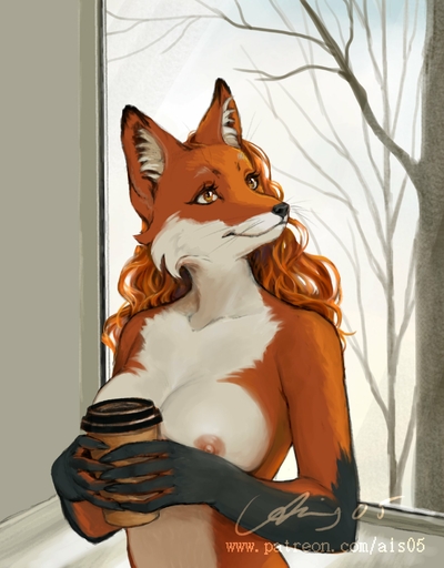 2020 ais05 anthro areola biped black_nose breasts canid canine coffee_cup cup digital_media_(artwork) eyebrows eyelashes female fox fur hair hi_res holding_cup holding_object inside long_hair mammal nipples nude orange_body orange_eyes orange_fur orange_hair plant solo text tree url white_body white_fur // 1562x2000 // 268.9KB