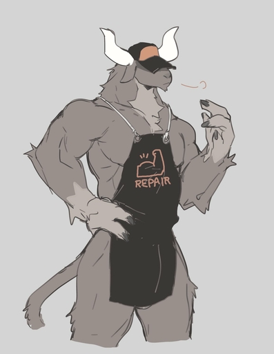 anthro apron balls bebebebebe biped bovid bovine bulge cattle clothed clothing genital_outline genitals grey_body hat headgear headwear hi_res horn male mammal muscular penis_outline simple_background skimpy solo // 1155x1488 // 81.9KB