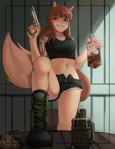 alcohol animal_humanoid beer_mug beverage blush boots bottle bottomwear breasts brown_body brown_fur brown_hair canid canid_humanoid canine canine_humanoid clothing cosplay crop_top digital_media_(artwork) female footwear fur furniture gun hair handgun hi_res holding_bottle holding_object holding_weapon holo hotpants humanoid inner_ear_fluff inside long_hair looking_at_viewer mammal mammal_humanoid midriff navel pistol ranged_weapon red_eyes revy_(black_lagoon) seraziel shaded shirt shorts simple_background small_breasts smile solo standing table tank_top tattoo thick_thighs topwear trigger_discipline tuft weapon wolf_humanoid // 1575x2036 // 1.3MB