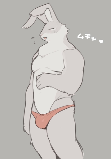 anthro bebebebebe biped chest_tuft clothing eyes_closed flaccid genitals grey_body hi_res japanese_text jockstrap lagomorph leporid male mammal open_mouth penis rabbit simple_background solo text translation_request tuft underwear // 986x1410 // 52.5KB