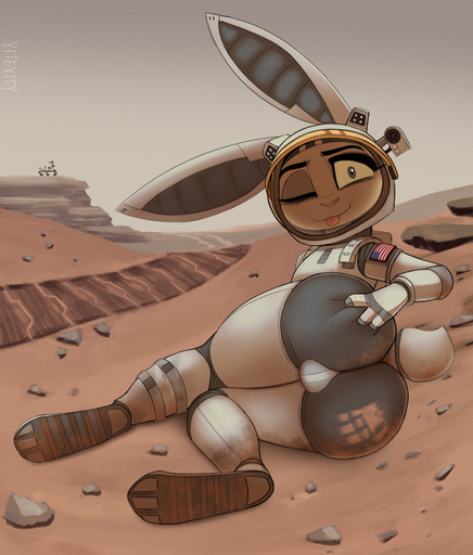 2020 absurd_res anthro ball_bulge big_butt bulge butt deep_skin detailed_background dirt dirty disney fan_character furgonomics girly hand_on_butt hand_print hi_res holding_butt lagomorph leporid looking_at_viewer lying male mammal mars mars_rover on_side one_eye_closed outside rabbit scut_tail smile solo spacesuit stars_and_stripes texi_(yitexity) tongue tongue_out united_states_of_america wink yitexity zootopia // 2956x3472 // 5.3MB