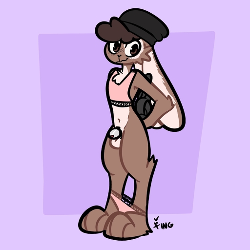 1:1 absurd_res anthro balls beanie beanie_hat bedroom_eyes blush blush_lines bottomless bottomless_anthro bottomless_male brown_body brown_fur chastity_device cheek_tuft chest_tuft clothed clothing crop_top curled_hair elbow_tuft facial_tuft fur genitals girly hair hat headgear headwear hi_res lagomorph leporid looking_at_viewer male male_chastity_device mammal narrowed_eyes panties panties_around_ankles penis purple_background rabbit seductive shirt simple_background small_penis smile smirk smug smug_face smug_grin solo the_xing1 topwear tuft underwear // 3000x3000 // 228.5KB