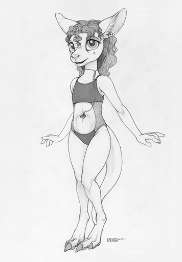 2017 anthro cailey claws clothing digitigrade ear_piercing earbuds ecmajor female flat_chested greyscale headphones hi_res ipod kangaroo leotard looking_at_viewer macropod mammal marsupial monochrome piercing pouch_(anatomy) solo toe_claws young // 1293x1859 // 1.8MB