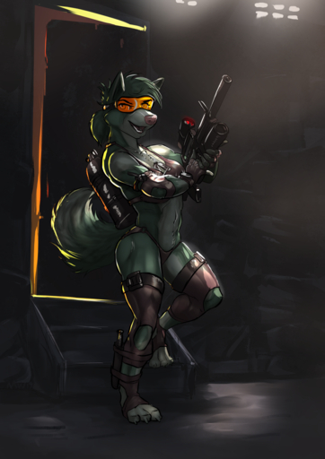 3_toes abs anthro assassin athletic athletic_anthro athletic_female biped bra bullpup canid canine canis claws clothed clothing digital_media_(artwork) digitigrade dog_tags domestic_dog eyewear feet female goggles grenade_launcher gun hi_res holding_gun holding_object holding_weapon husky knife leggings legwear mammal marsonaut melee_weapon military nordic_sled_dog panties pubes ranged_weapon rifle scope scuba silencer skimpy smile soldier solo spitz straps toe_claws toes underwear vehicle warrior weapon // 904x1280 // 908.7KB