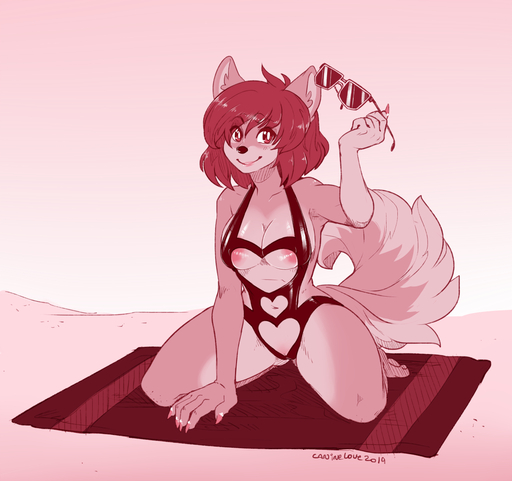 2019 anthro beach breasts canid canine caninelove canis clothed clothing countershade_face countershade_torso countershading digital_media_(artwork) domestic_dog eyewear female fingernails front_view full-length_portrait genitals holding_eyewear holding_object holding_sunglasses kneeling looking_at_viewer mammal monochrome nails navel nipples outside portrait pussy sand seaside skimpy solo sunglasses swimwear towel // 1000x939 // 364.5KB