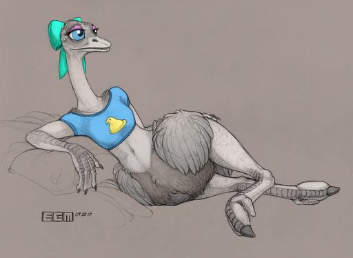2017 anthro avian avian_taur beak bird bird_feet bird_taur bottomless bow_on_head bow_ribbon clothed clothing ear_piercing ecmajor eyelashes eyeshadow feathered_wings feathers female grey_background leaning_on_object long_neck looking_aside lying makeup navel on_side ostrich piercing pillow ratite shirt simple_background solo taur topwear wings // 1350x985 // 1.7MB