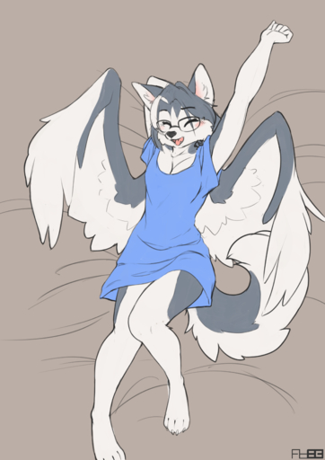 2017 4_toes absurd_res aisty_(mancoin) anthro barefoot biped black_body black_fur black_nose breasts canid canine canis claws clothed clothing digital_media_(artwork) domestic_dog eyelashes eyes_closed eyewear feathered_wings feathers feet female foxboy83 fur glasses hair hi_res husky mammal nordic_sled_dog open_mouth shirt short_hair simple_background smile solo spitz stretching t-shirt toes tongue topwear white_body white_fur wings // 2480x3508 // 2.1MB