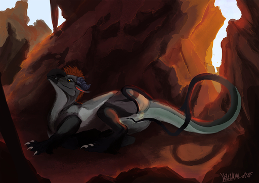 2015 black_scales brown_hair claws desert dragon female feral forked_tail grey_scales hair looking_at_viewer lying on_side onisyra_(character) orange_eyes outside presenting pussy rock scales scalie solo toe_claws velannal // 1200x848 // 916.0KB