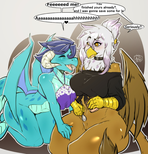 2016 <3 anthro anthrofied avante92 avian beak belly_scales bent_over big_breasts blue_body blue_hair blue_scales blush bottomless breasts brown_body brown_feathers clothed clothing collar countershading cutlery dialogue dragon duo english_text eyes_closed feathered_wings feathers female food genitals gilda_(mlp) gryphon hair hand_on_leg hand_on_thigh hi_res holding_object horn kitchen_utensils kneeling membrane_(anatomy) membranous_wings mythological_avian non-mammal_breasts open_mouth princess_ember_(mlp) pussy scales scalie sharp_teeth short_hair simple_background sitting spoon tail_tuft teeth text thick_tail thick_thighs tongue tools tuft white_body white_feathers wide_hips wings yellow_eyes // 1697x1759 // 1.9MB
