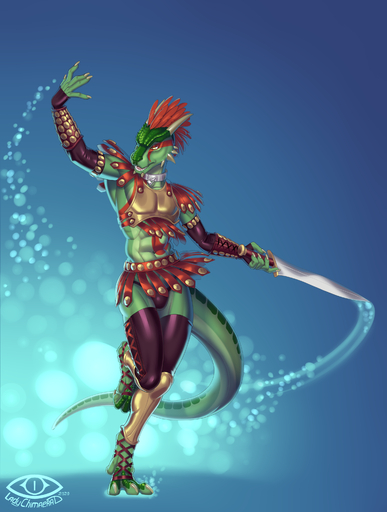 absurd_res anthro argonian armor biped bottomwear bubble claws clothing countershading feathers green_body green_markings hi_res horn ladychimaera leather markings melee_weapon red_body red_feathers red_markings scalie shows-his-scales skirt solo sword tail_under_skirt video_games weapon yellow_eyes // 2425x3210 // 2.7MB